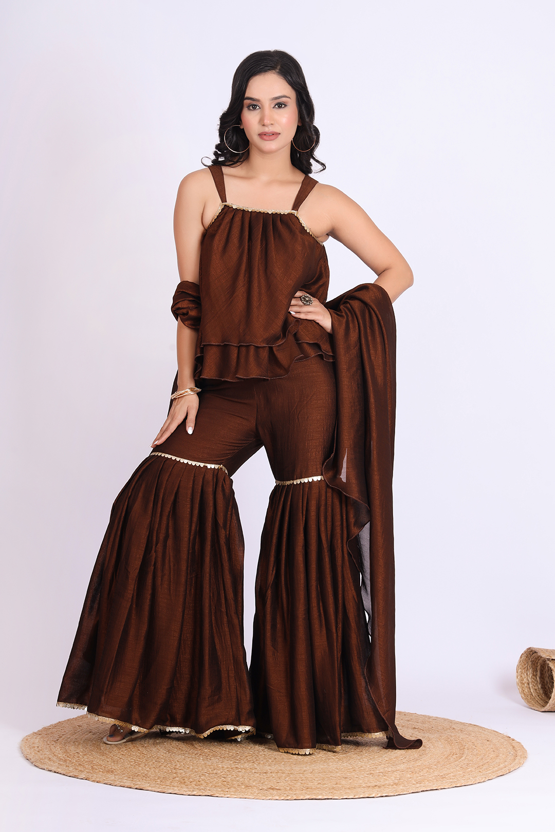 V Glame Brown Grace Three-Piece Set – V Silk Ensemble